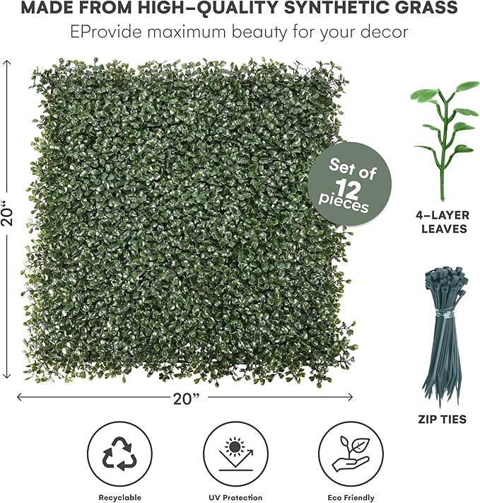 Grass Wall Panels 20″ × 20″ (12 Pack) – UV-Protected Artificial Boxwood Hedge Greenery Backdrop Covers 33.33 sq ft, Indoor/Outdoor Privacy Fence Screen, Zip Ties & Spare Leaves Included