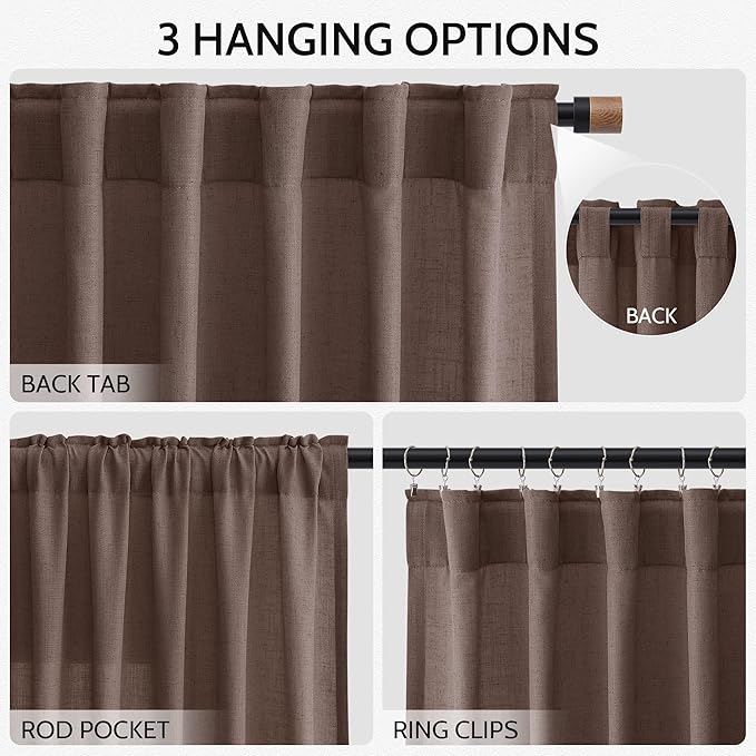 Nanspring Cappuccino Linen Blend Light Filtering Back Tab Curtains 84 Inches Long, Semi Sheer Privacy Drapes for Living Room & Bedroom Simple Style, 52x84 inch, 2 Panels