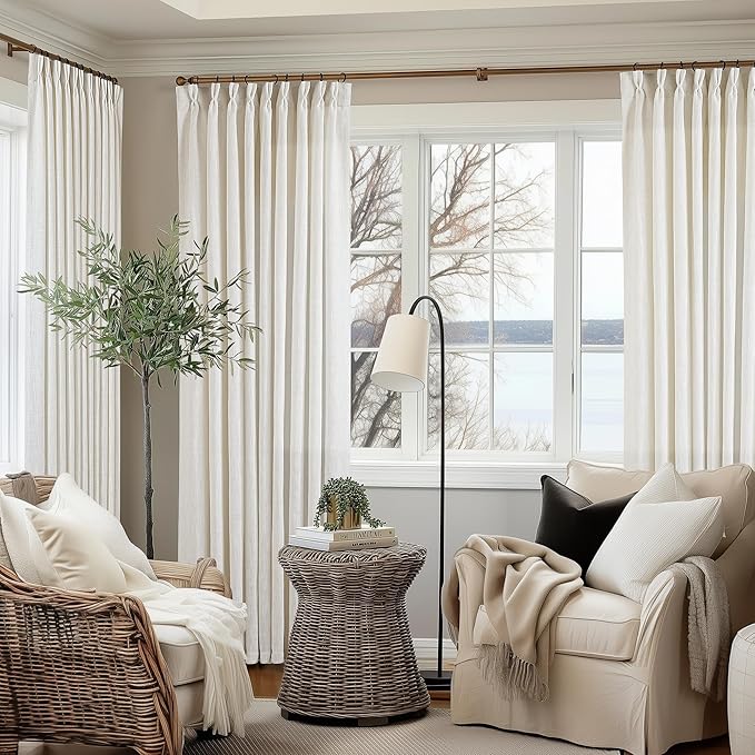 Natural Pinch Pleated Linen Curtains 102 Inches Long 60 Inch Width Linen Blend Light Filtering Window Curtains 102 Inch for Living Room Bedroom Patio Pinch Pleat Drapes Hooks Rings 1 Panel 60Wx102L