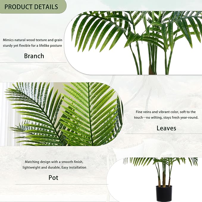 Artificial Fake Palm Tree 3FT Tropical Faux Palm Trees in Pot with 9 Trunks and Real Bark Design Areca Floor Plant Faux Palm Plant for Indoor Outdoor Home Decor