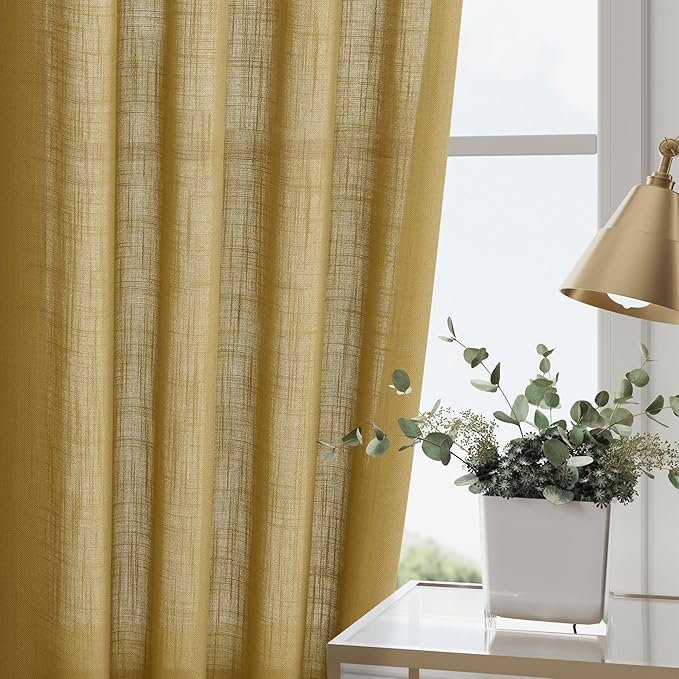 Gold Linen Curtains 90 Inch Long 2 Panels Set for Bedroom Living Room Linen Textured Window Drapes Semi Sheer Light Filtering Rod Pocket Back Tab Cotton Textured Farmhouse Curtain 52x90