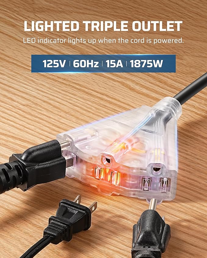 DEWENWILS Extension Cord Reel, 40FT Retractable Cord Reel, 12/3AWG SJTOW, Lighted Triple Tap Outlets, 15 Amp Circuit Breaker, Ceiling/Wall Mount, UL Listed