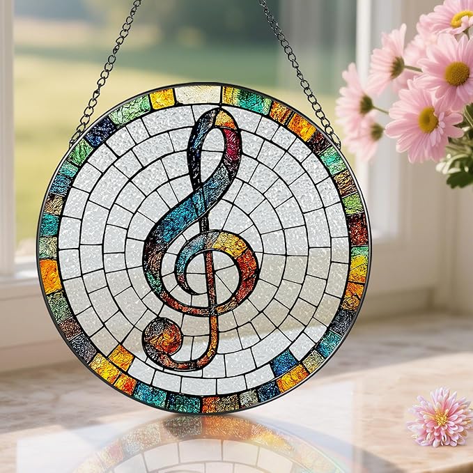 Stained Glass Window Hanging, Pauyadu 8 Inch Musical Stained Glass Suncatcher, Window Decor, Musician Home Decor, Musician Gift, Music Teacher Gifts, Music Accessory, Singer Gift