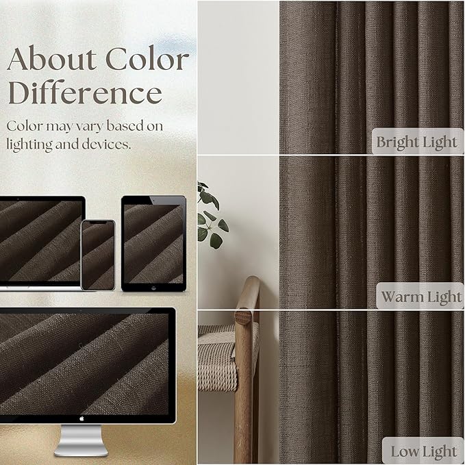Dark Chocolate Pinch Pleated Linen Curtains 2 Panels for Living Room Bedroom Memory Training Shaped Semi Sheer Pleat Drapes with Hooks Rings Light Filtering Window Curtain 40x84