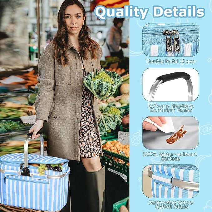 Tirrinia Large Insulated Picnic Basket, 34L Water Resistant & Leakproof Collapsible Portable Cooler Basket Set with Aluminium Handle for Travel, with a Free Foldable Grocery Bag, Blue Strip