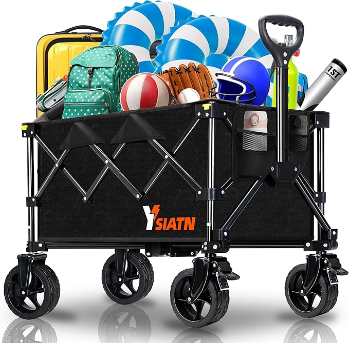 Collapsible Wagon Cart with Wheels Foldable, Folding Wagons Carts with All Terrain Wheels, Large Grocery Carts On Wheel, Heavy Duty Utility Wagons for Shopping Beach Sports, 150L, Black