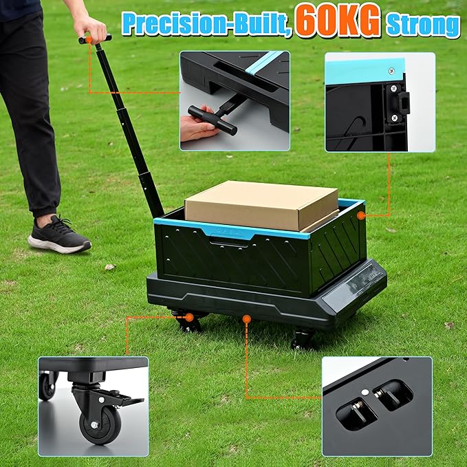 MAXMAN Folding Hand Truck, 132Lbs Heavy Duty Foldable Dolly Cart with 4 Silent Wheels and Adjustable Handle, 2-in-1 Multifunctional Portable Wagon for Moving, Camping, Travel, Shop, Warehouse, Blue