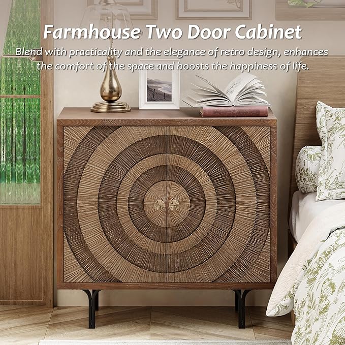 Farmhouse 2-Door Storage Cabinet, Accent Wooden Storage Cabinet with Circle Pattern and Radioactive Wood Lines, for Living Room, Dining Room, Bedroom, Natural Wood Color
