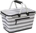 SIYUAN 30L Picnic Basket with Handles Leakproof Large Stripped Insulated Cooler Grocery Shopping Market Tote for Family Gray White