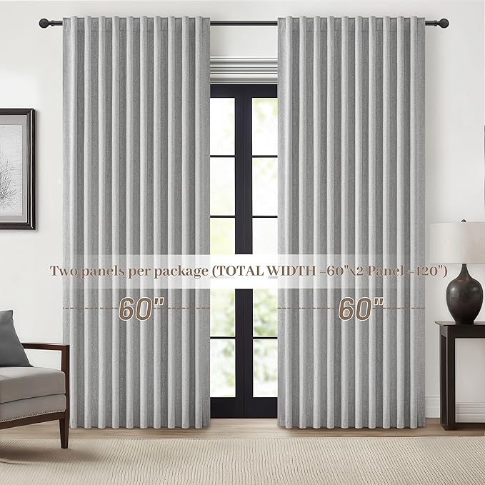 Extra Wide 60 Inch Blackout Curtains 96 Inches Long for Living Room, Rustic Boho Room Darkening Textured Linen Pleated Office Insulated Ceiling Track Large Window Drapes (60"W x 96"L 2 Panels Grey)