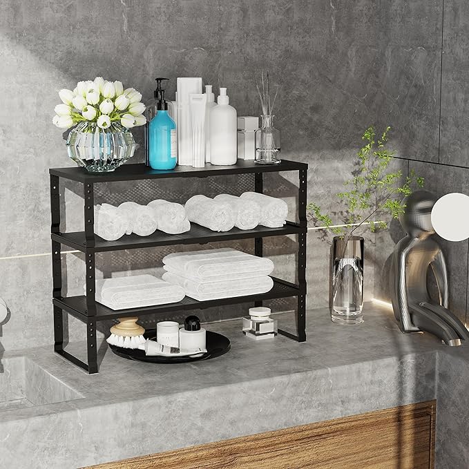 Expandable Adjustable Stackable Kitchen Organizer, Spice Rack,Metal Pantry Storage Shelves Racks,Counter Shelf for Cabinets, Countertop, Cupboard (2 Packs/Large/Black)