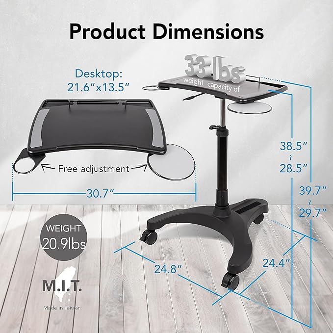 EHO Mobile Laptop Standing Desk Carts on Wheels with Stationery Storage, Pneumatic, Height Adjustable Rolling Stand, Sit to Stand Computer Cart, Workstation for Home, Office, Medical and School