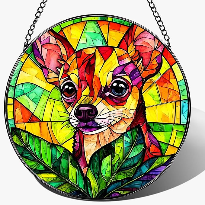 8″ Stained Glass Window Hanging Ornament, Vibrant Chihuahua Stained Glass Suncatcher Ornament, Sun-Catcher Window Decor | Gifts for Dog Lovers, Dog Lover Gift, Pet Lover Gift