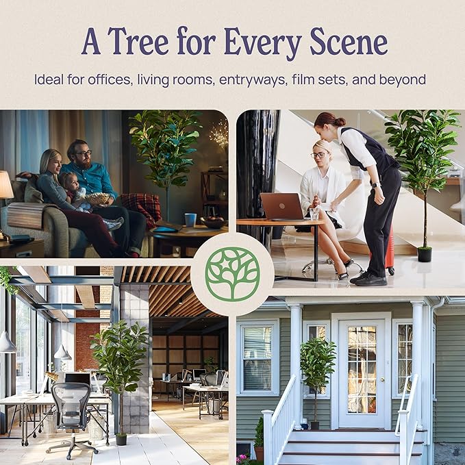 Artificial Fiddle Leaf Fig Tree | 6ft Realistic Fake Tall Plant | Odor-Free Floor Plant Fig Tree w/Black Pot, Faux Moss, Rechargeable LED Spotlight, Remote, USB Cable; Large Fake Plants/Big Plants