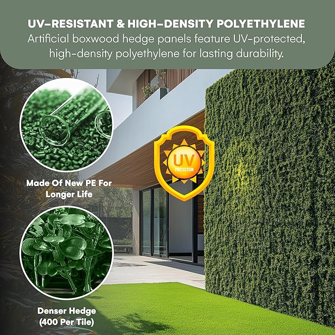 Grass Wall Panels 20″ × 20″ (12 Pack) – UV-Protected Artificial Boxwood Hedge Greenery Backdrop Covers 33.33 sq ft, Indoor/Outdoor Privacy Fence Screen, Zip Ties & Spare Leaves Included