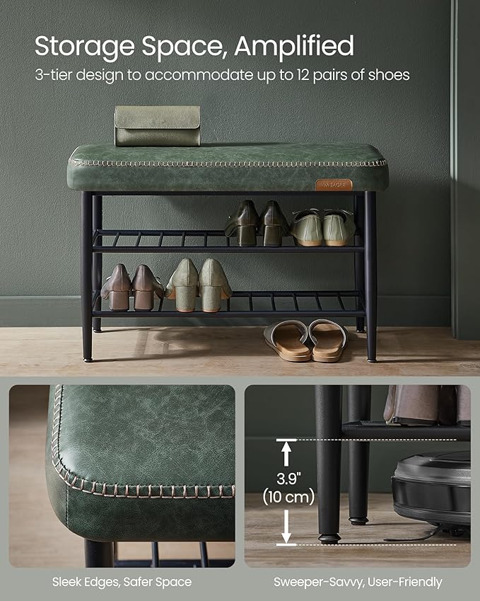 VASAGLE EKHO Collection - Shoe Rack Bench, Storage Bench for Entryway, Synthetic Leather with Stitching, Mid-Century Modern, Loads 300 lb, 11.8 x 31.5 x 19.7 Inches, Forest Green ULSB054C01