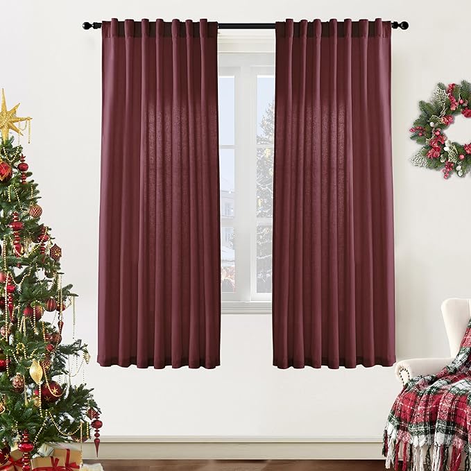 XTMYI Dark Red Burgundy Curtains 63 Inch Length for Dining Room Kitchen Window,2 Panels Light Filtering Semi Privacy Linen Sheer Curtain for Bedroom
