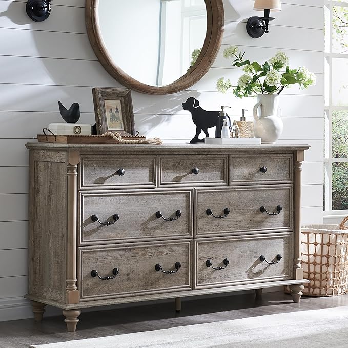 T4TREAM Farmhouse 7 Drawers Dresser Chests for Bedroom w/ 4 Solid Wood Feet & Column Decor, Tall Wide Wood Country Rustic Chest of Drawers, Storage Dressers for Bedroom, Living Room, Light Rustic Oak