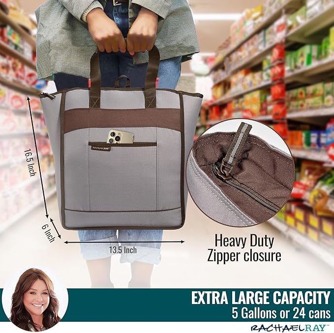 Rachael Ray Chillout Soft Cooler Bag, Large Reusable Insulated Grocery Bag with Zippered Top, Travel Tote for Hot or Cold Food, Grocery Tote Bag
