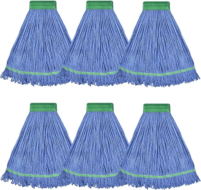 Onesimus 28 oz Heavy Duty Mop Head Replacement, 5 Inch Headband for Quick Change Handle, Blue Loop-End Cotton Blend String Wet Dry Floor Mop Refill Commercial Cleaning Supplies, 6 Pack X-Large