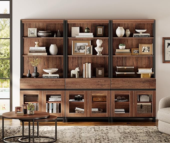 WAMPAT 3 PCS Modern 72" Tall Bookcase with 3 Drawers and Open Book Shelf, Library Book Shelf with Storage Cabinet and Glass Doors, Wood Freestanding Bookshelves for Home Office, Living Room, Brown