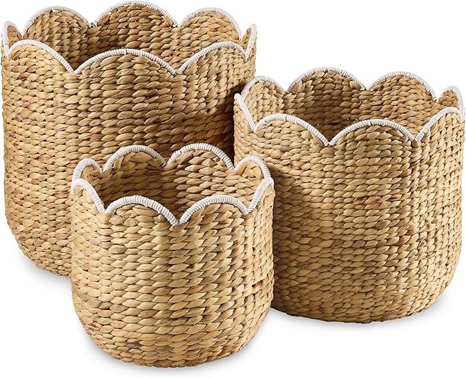 Best Choice Products 3pc Water Hyacinth Scalloped Multipurpose Nesting Baskets, Storage Bin Organization Totes for Living Room, Bedroom, Nursery, Laundry Room - Natural w/White Trim