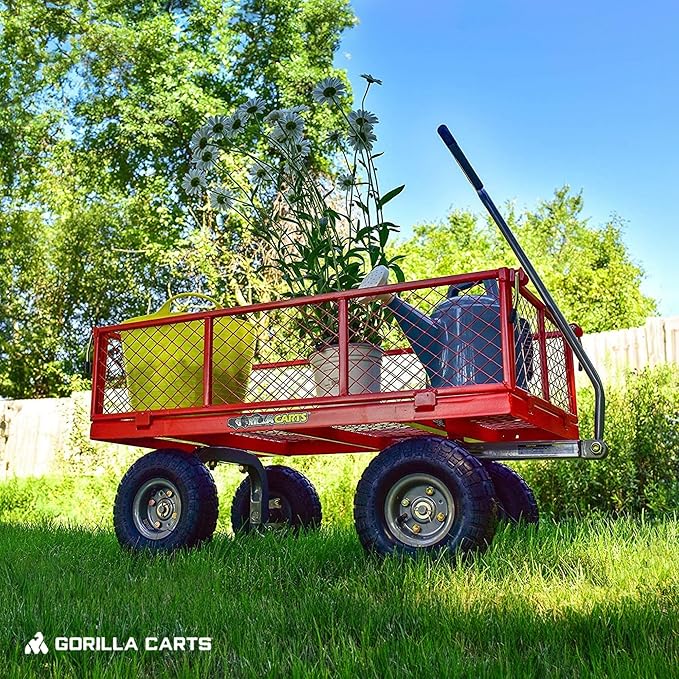 Gorilla Carts Steel Utility Cart, 4 Cu Ft Bed, 800 lb Load Capacity, Red – Heavy-Duty Outdoor Hauling Wagon with Removable Side Panels for Yard, Lawn, Garden or Landscaping