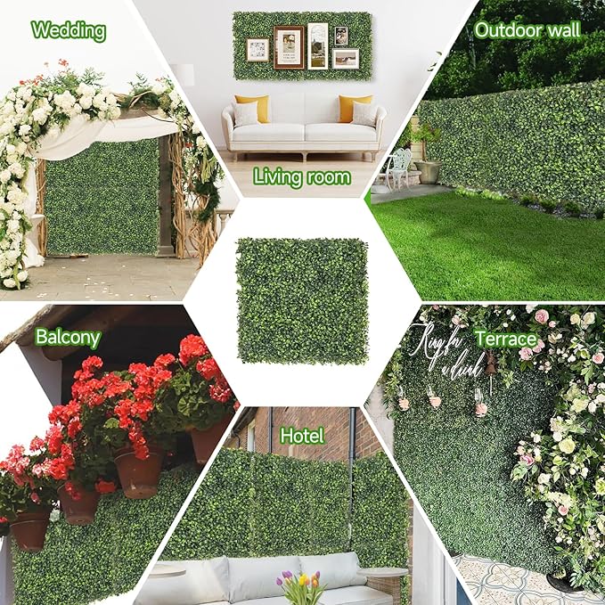 Artificial Grass Wall Panels, 24 PCS 10x10 inch Boxwood Hedge Wall Panels with 100 Zip Ties, Boxwood Panels Backdrop for Outdoor Indoor Decorative Garden Fences Backyard Patio Privacy Hedge