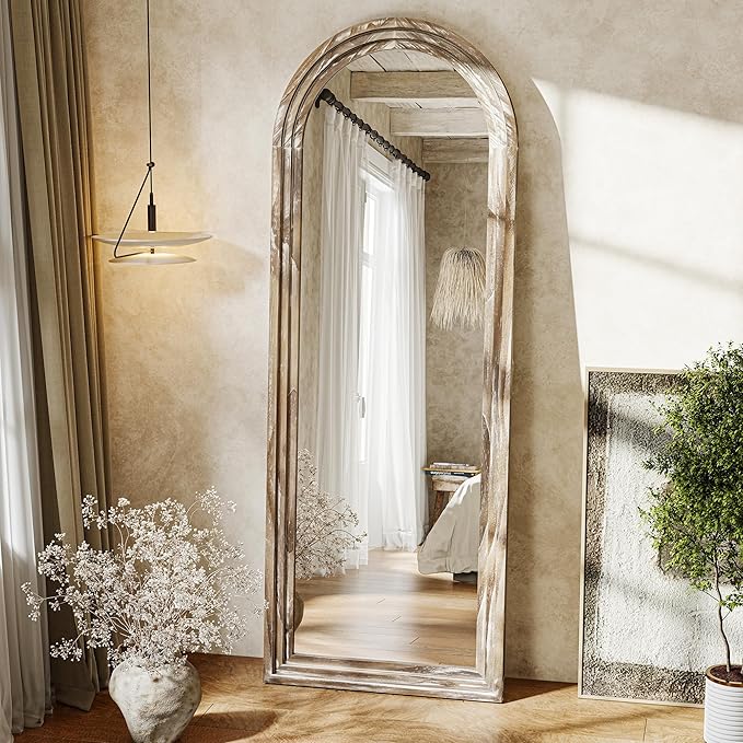 Arched Full Length Floor Mirror 63"x21", Triple-Layer Solid Wood Frame, Rustic White Farmhouse Full Body Mirror with Stand for Bedroom, Living Room, Entryway & Hallway Home Decor