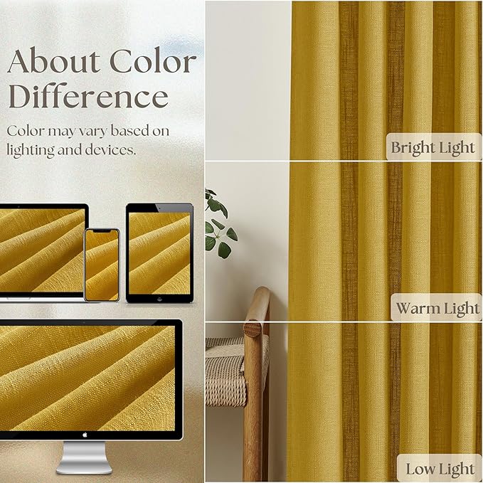 Pleated Linen Curtains 96 Inches Long for Living Room 2 Panel Set Semi Sheer Light Filtering Pinch Pleat with Rings Hooks Drapes Spring Farmhouse Rustic Mustard Yellow Gold Curtain Bedroom Window