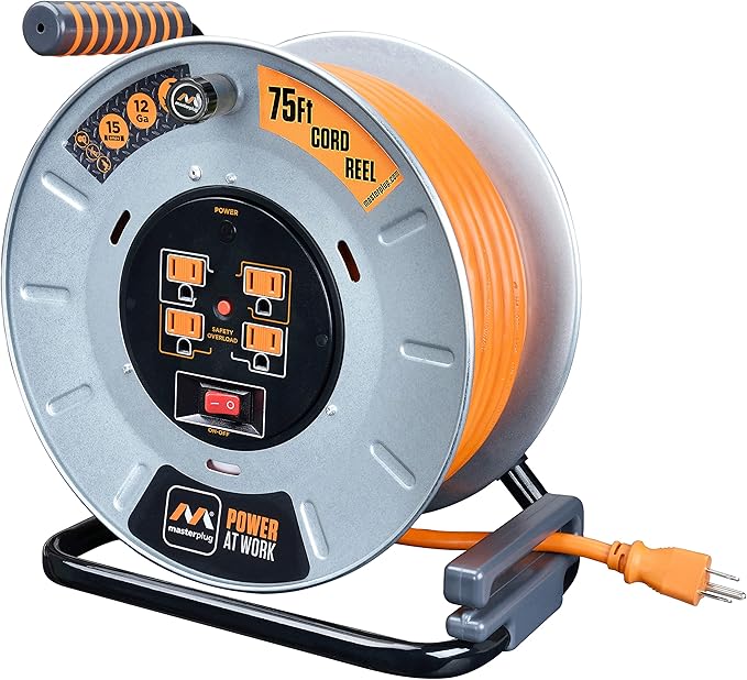 Masterplug Metal Steel Drum with Four Powered Outlets, Open Cord Reel Extension Cord with Winding Handle, Overload Circuit Breaker and Power Switch, 75 Feet 12AWG, High Visibility Cord