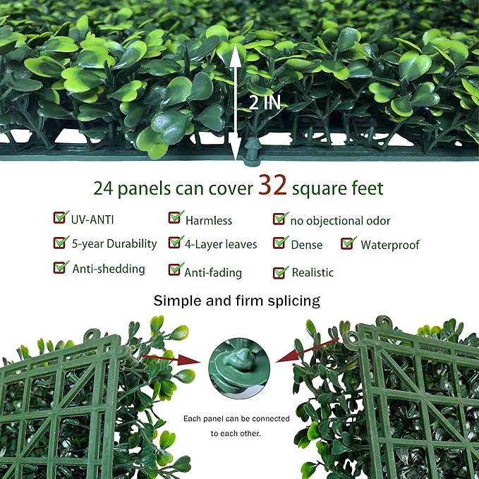 Artificial Grass Wall Backdrop Panels,16 X 12 in 24P(32 sqft) UV-Anti Greenery Boxwood Panels for Indoor Outdoor Green Wall Decor & Ivy Fence Covering Privacy