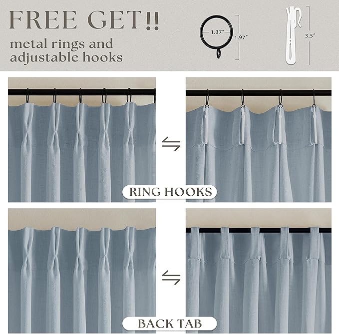 Extra Long Dusty Blue Linen Curtains 120 Inches Long Sky Blue Coastal Boho Farmhouse Curtain Light Filtering Semi Sheer Back Tab Pinch Pleat Curtain for Tall Ceiling Living Room Bedroom 2 Panels