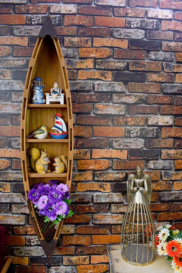 E-view Solid Wood Hanging Boat Shelf Decorative Nautical Wall Decor Beach Themed Bookcase Large Wooden 3-Tier Display Shelves for Home Kitchen Bedroom Living Room