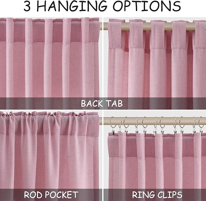 Semi Sheer Rose Linen Blend Curtains 108 Inches Long 2 Panels Set with Back Tab Loop Pocket Light Filtering Boho Decor Extra Long Drapes for High Ceiling Living Room 52x108