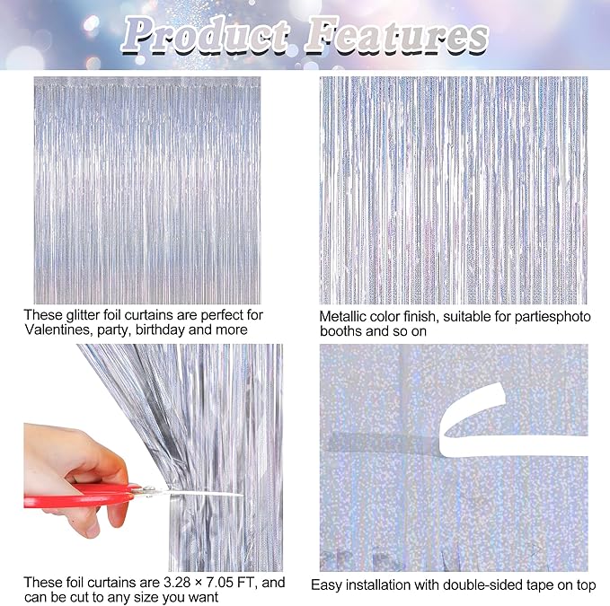 4 Pack NYE Silver Tinsel Foil Curtain, 3.28 FT x 7.05 FT Glitter Silver Tinsel Curtains, Metallic Foil Streamer Disco Fringe Backdrop Party Curtains, Birthday New Year Party Supplies Disco Decor