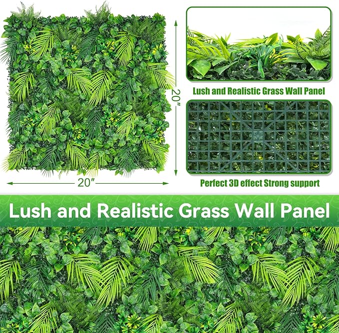 Artificial Plant Wall Panels, 20"x20" 6PCS Faux Grass Backdrop with UV Resistant Fern Leaves, Green Wall Decor for Outdoor Indoor Patio Garden Backyard