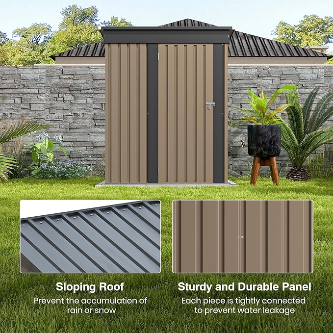 Patiolife 5x3 FT Outdoor Storage Shed, Small Tool Metal Shed with Lockable Door & Sloping Roof, Garden Shed for Backyard Patio Lawn, Brown
