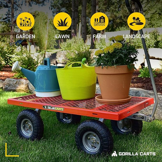 Gorilla Carts Steel Utility Cart, 4 Cu Ft Bed, 800 lb Load Capacity, Red – Heavy-Duty Outdoor Hauling Wagon with Removable Side Panels for Yard, Lawn, Garden or Landscaping