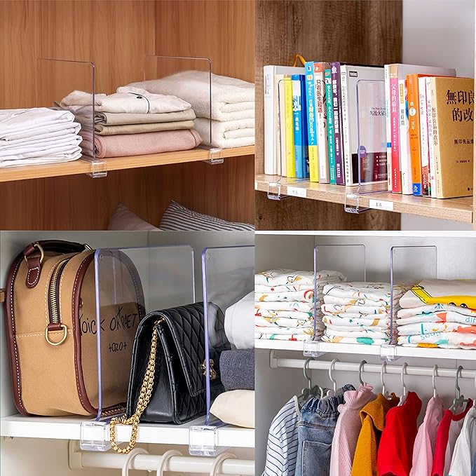 Yieach 10 Pack Clear Acrylic Shelf Divider for Closet Organization - 9.2″ Tall Closet Dividers for Wood Shelves,Cupboard,Vertical Shelf Separators in Closet for T-Shirt,Purse,Handbag,Sweater Organizer