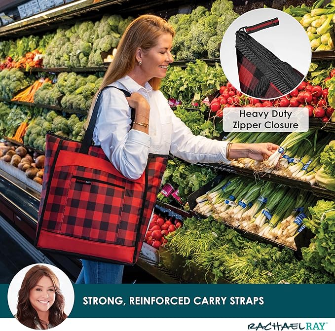 Rachael Ray Chillout Soft Cooler Bag, Large Reusable Insulated Grocery Bag with Zippered Top, Travel Tote for Hot or Cold Food, Grocery Tote Bag