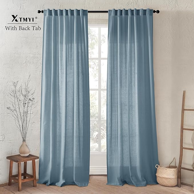 XTMYI Dusty Blue Curtains 84 Inches Long for Living Room,Light Filtering Country Vintage Hooks Pleated Back Tab Semi Sheer Linen Curtains for Bedroom 2 Panels Set,Grey Stone Blue