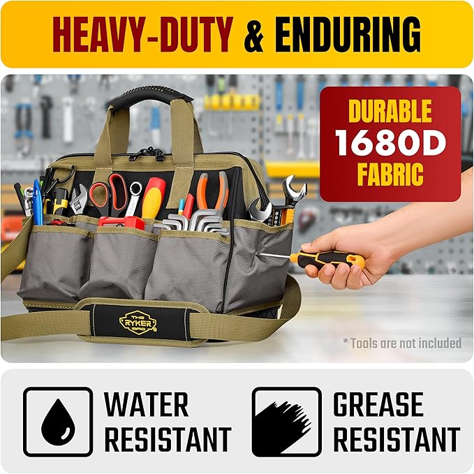 The Ryker 16-inch Large Tool Bag Heavy Duty Tool Bag Organizer for Men/Women 28pockets Portable Utility Bags for Tools - Toolbag Organizers Electrician Tools Bags for men Heavy Duty