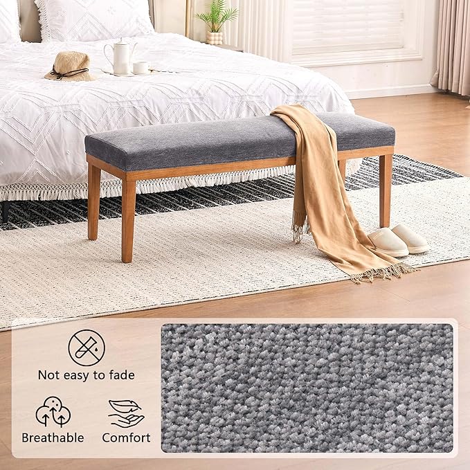 Rowill 53 Inch Long Entryway Bench for Bedroom End of Bed, Dining Room Bench with Upholstered Padded Seat and Solid Wood Leg for Kitchen, Living Room, Indoor and Hallway, Gray