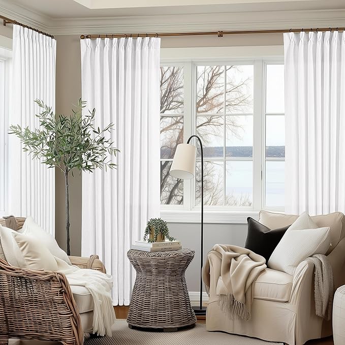 Pleated Linen Curtains 120 Inches Long 60 Inch Width Extra Wide for Living Room Bedroom White Semi Sheer 120 Inch Length Back Tab Hooks Rings Pinch Pleat Curtains for Patio Glass Door 1 Panel