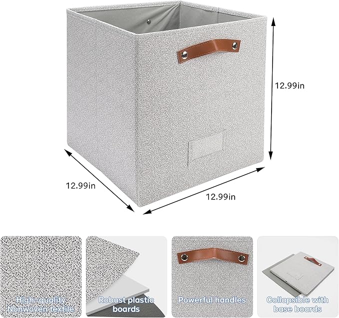 4 Pack Large Fabric Storage Bins for Shelves, Collapsible Storage Baskets with Handles for Organizing Clothes, Toys, and Household Items, Grey & White (Light Gray, 13")