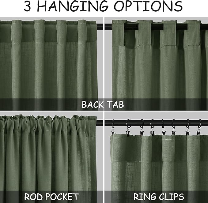 Nanspring Olive Green Linen Curtains for Living Room 2 Panels Set 126 Inch Length Back Tab Light Filtering Semi Sheer Curtain Drapes for Bedroom 52x126
