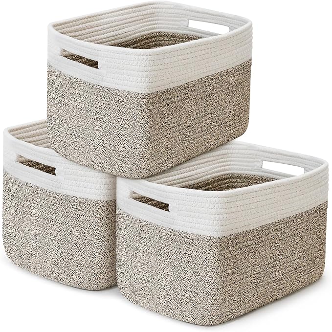 3 Pack Shelf Woven Storage Basket, 15 x 10 x 9” Closet Rope Baskets For Organizing, Square Bins with Handles, White+Rice Brown