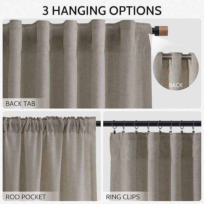 Nanspring Grey Beige 72 Inch Curtains for Living Room Linen Blend Luxury Light Filtering Semi Sheer Curtain Back Tab Simple Modern Neutral Elegant Boho Gray Drapes for Bedroom 52x72, 2 Panels