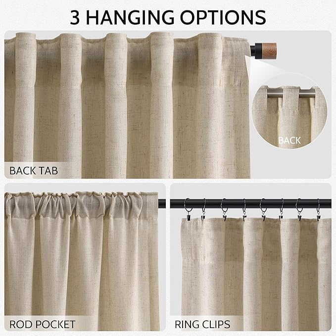 Nanspring Taupe Burlywood Curtains 96 Inches Long for Living Room Flax Linen Light Filtering Country Farmhouse Decor Curtains Back Tab Privacy Semi Sheer Curtain for Bedroom 52x96, 2 Panels